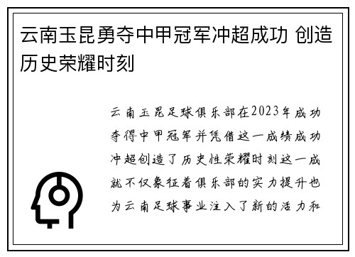 云南玉昆勇夺中甲冠军冲超成功 创造历史荣耀时刻